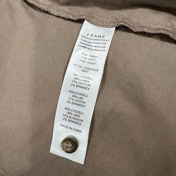 Frame Sz Small Desert Brown Arie Button Up Long Sleeve Linen Blend Stretch Top - Picture 3 of 10